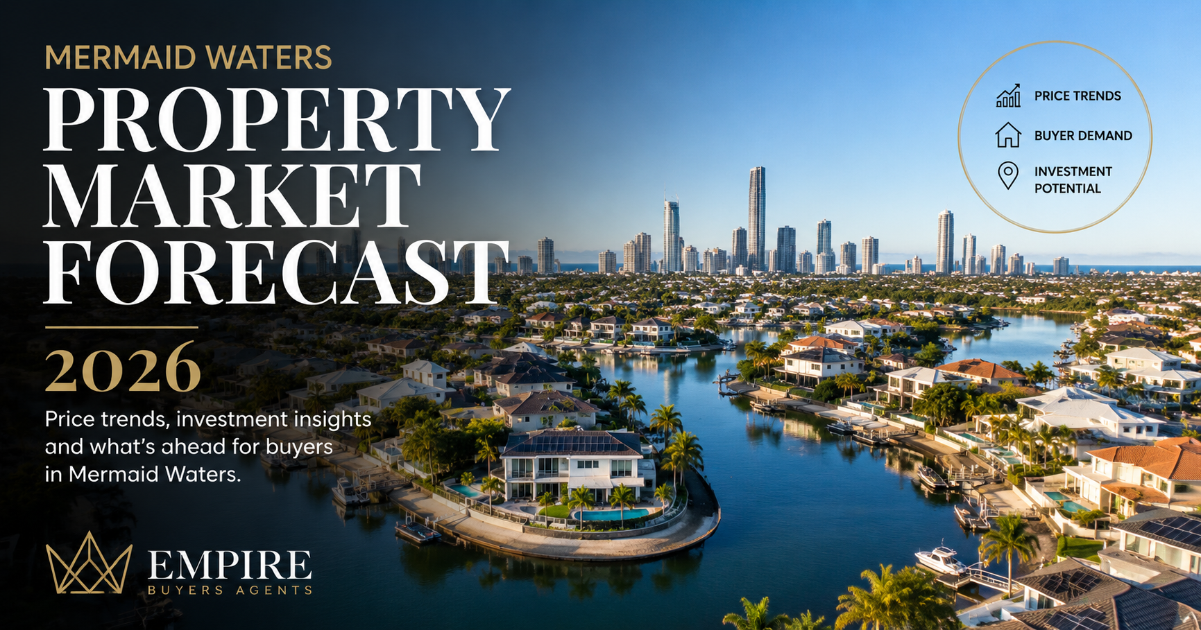 Aerial view of canal homes and waterfront properties in Mermaid Waters showcasing the 2026 property market forecast and investment outlook. Mermaid Waters Property Market