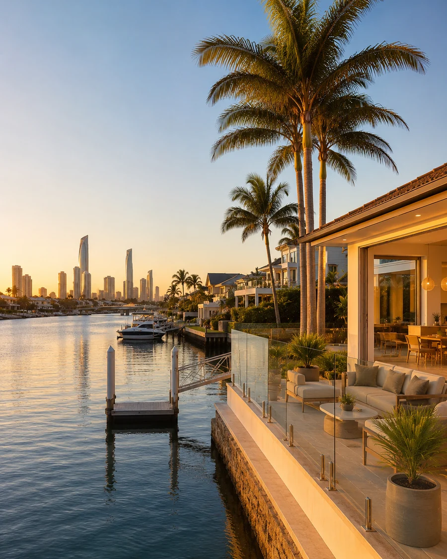 Waterfront home and canal lifestyle in Broadbeach Waters with the Gold Coast skyline in the distance