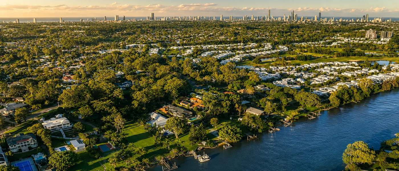 Ashmore buyers agent aerial view showing leafy residential areas and the Nerang River on the Gold CoastAshmore buyers agent aerial view showing leafy residential areas and the Nerang River on the Gold Coast