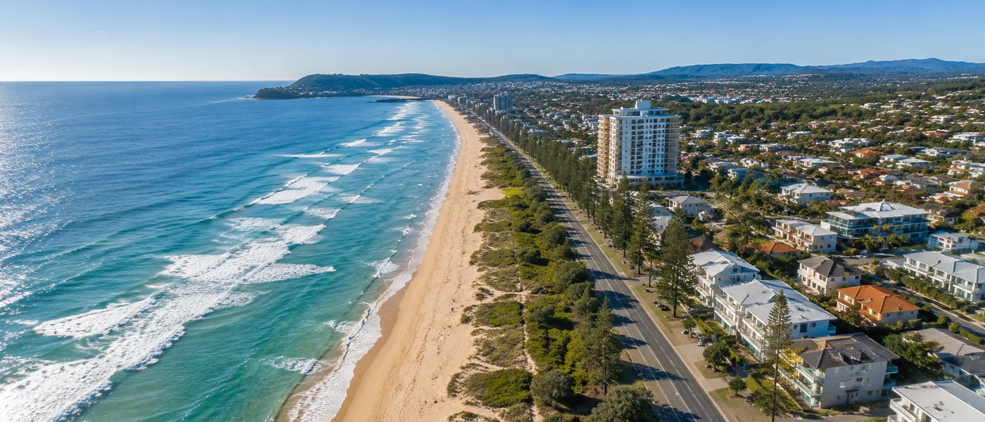 Bilinga Buyers Agent aerial view of Bilinga Beach, coastal homes and the southern Gold Coast