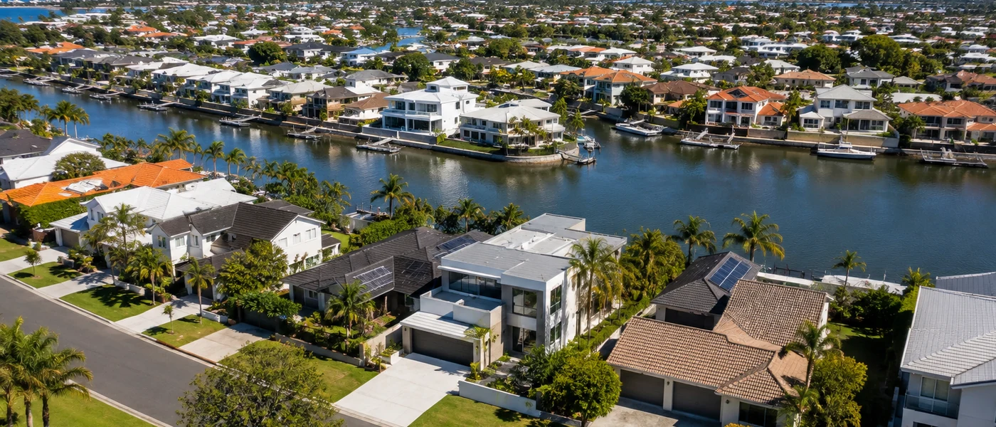 Bundall Buyers Agent aerial view of waterfront homes, leafy residential streets and the Gold Coast skyline