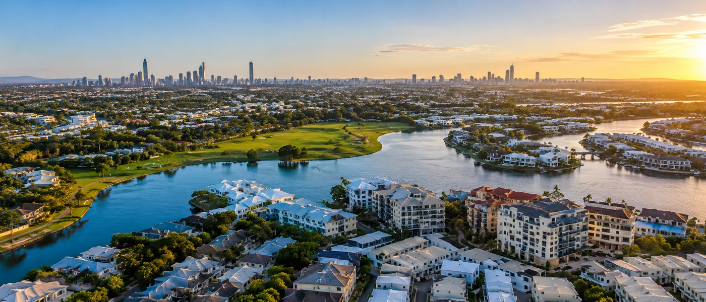 Carrara Buyers Agent aerial view of waterways, residential property and the Gold Coast skyline