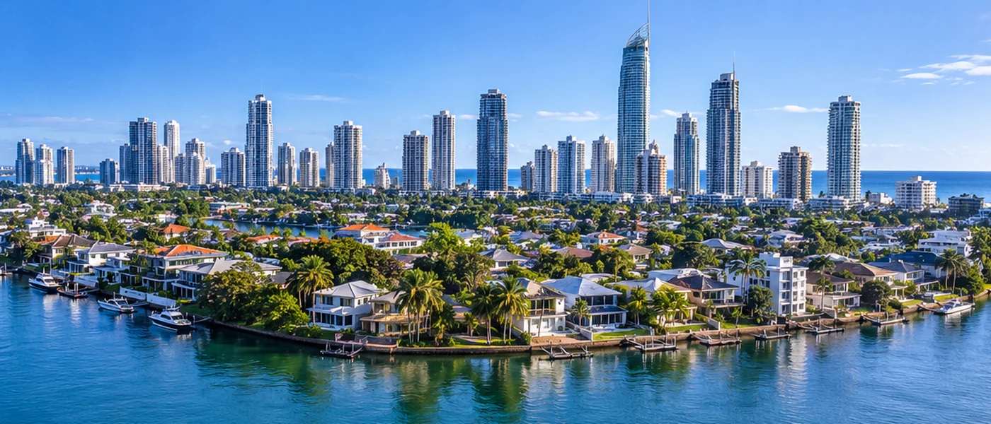 Chevron Island Buyers Agent aerial view of waterfront homes, waterways and the Surfers Paradise skyline