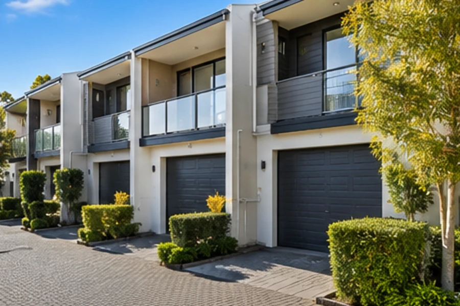 Coombabah Buyers Agent townhouse and villa complex with private garages, shared driveway and landscaped surrounds