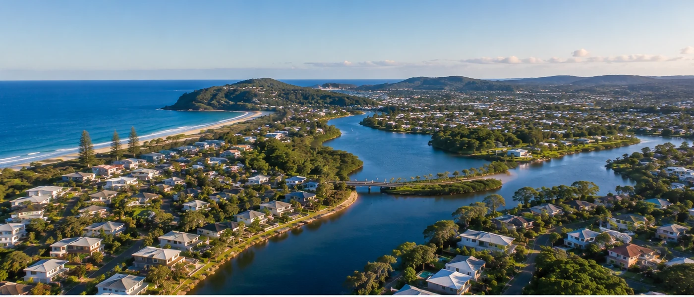 Currumbin Waters Buyers Agent aerial view of leafy residential areas, waterways and the southern Gold Coast