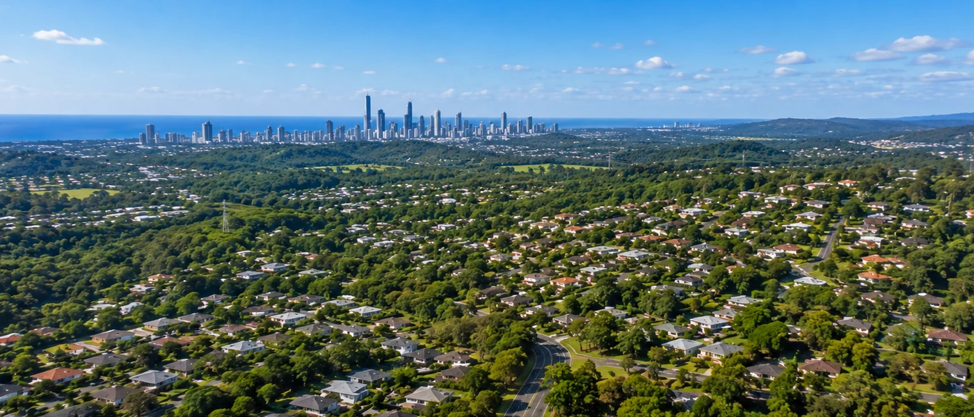 Gilston Buyers Agent aerial view of leafy homes, rolling hills and western Gold Coast surroundings