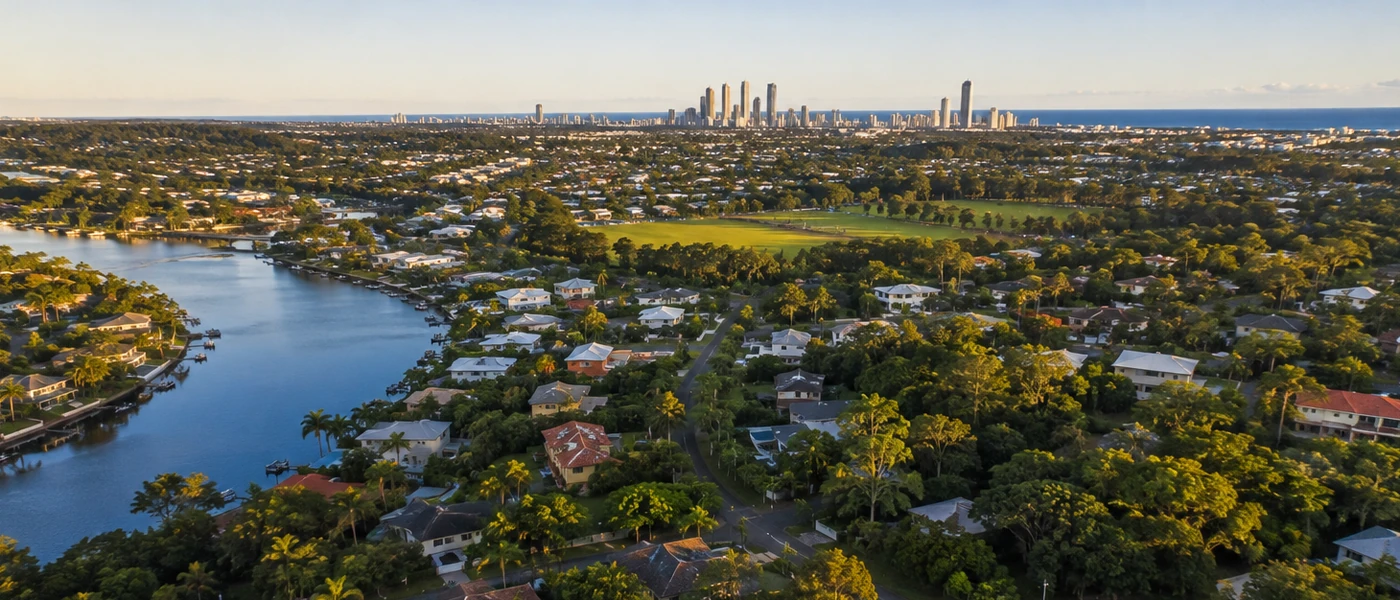 Helensvale Buyers Agent aerial view of established homes, waterways and leafy northern Gold Coast surroundings