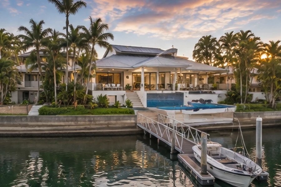 Helensvale Buyers Agent waterfront home with private water access, pool and landscaped outdoor living