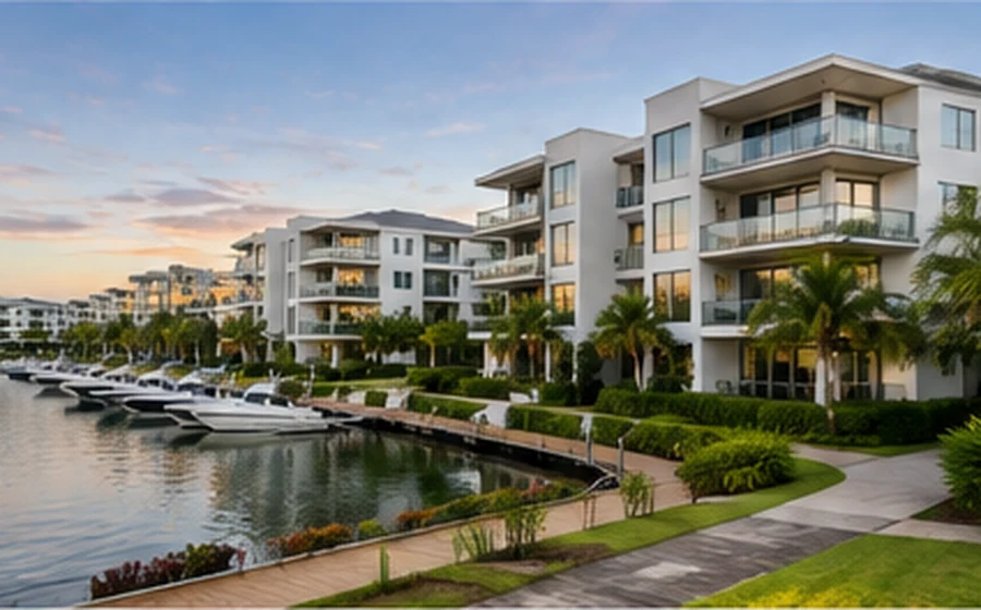 hope island apartments Hope Island buyers agent view of modern apartments overlooking waterways and landscaped surrounds