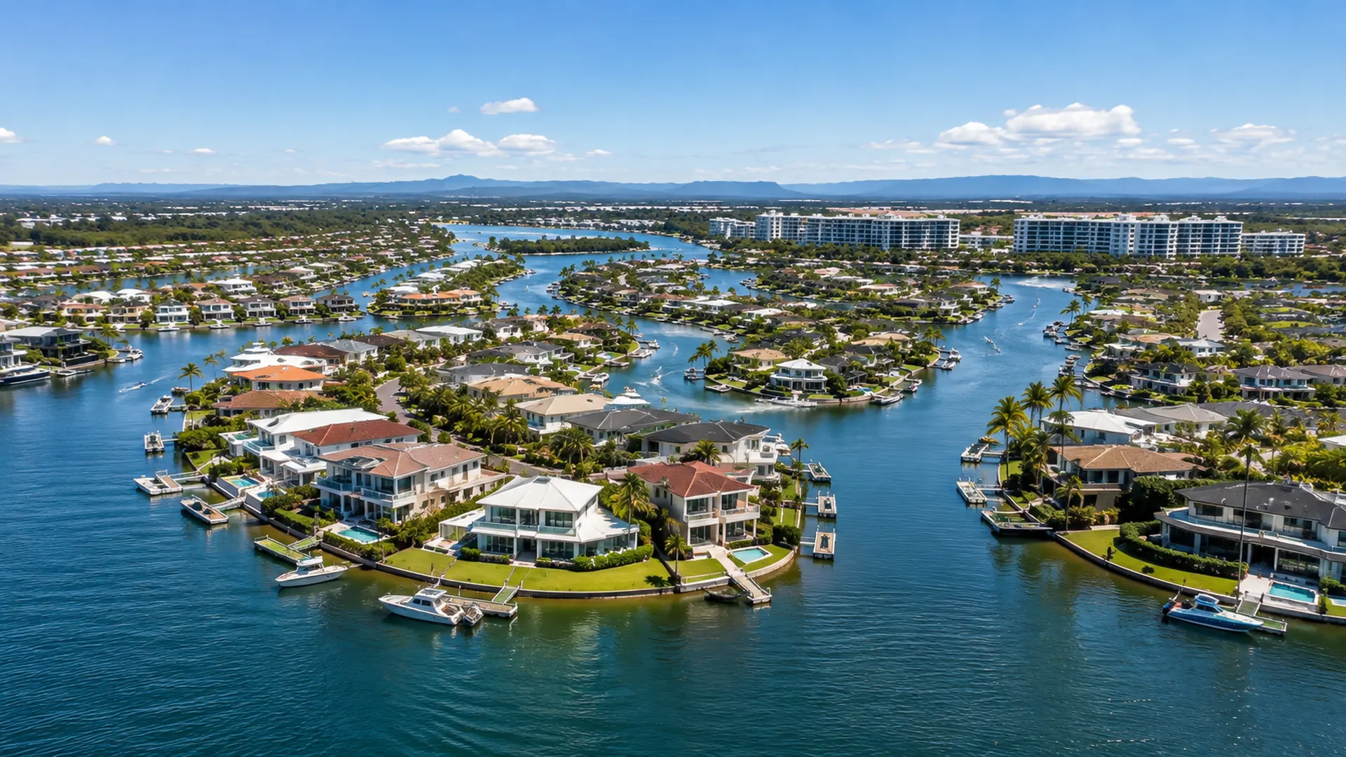 Hope Island buyers agent aerial view of waterfront homes, canals and residential waterways