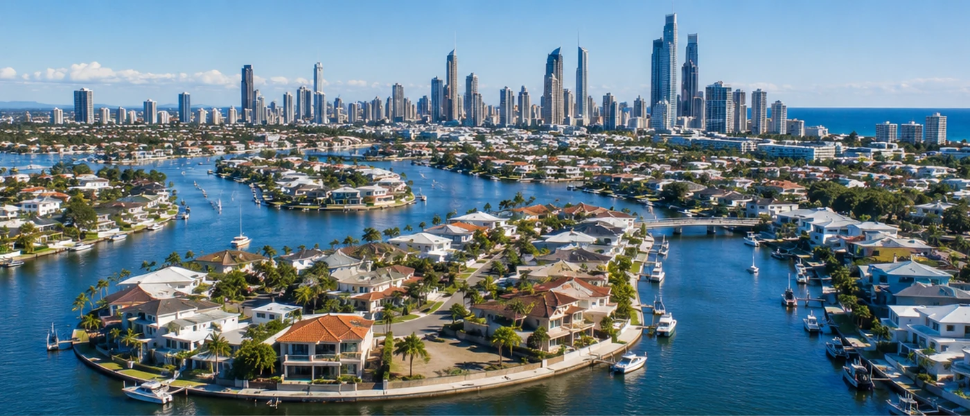 Isle of Capri Buyers Agent aerial view of waterfront homes, waterways and the Surfers Paradise skyline