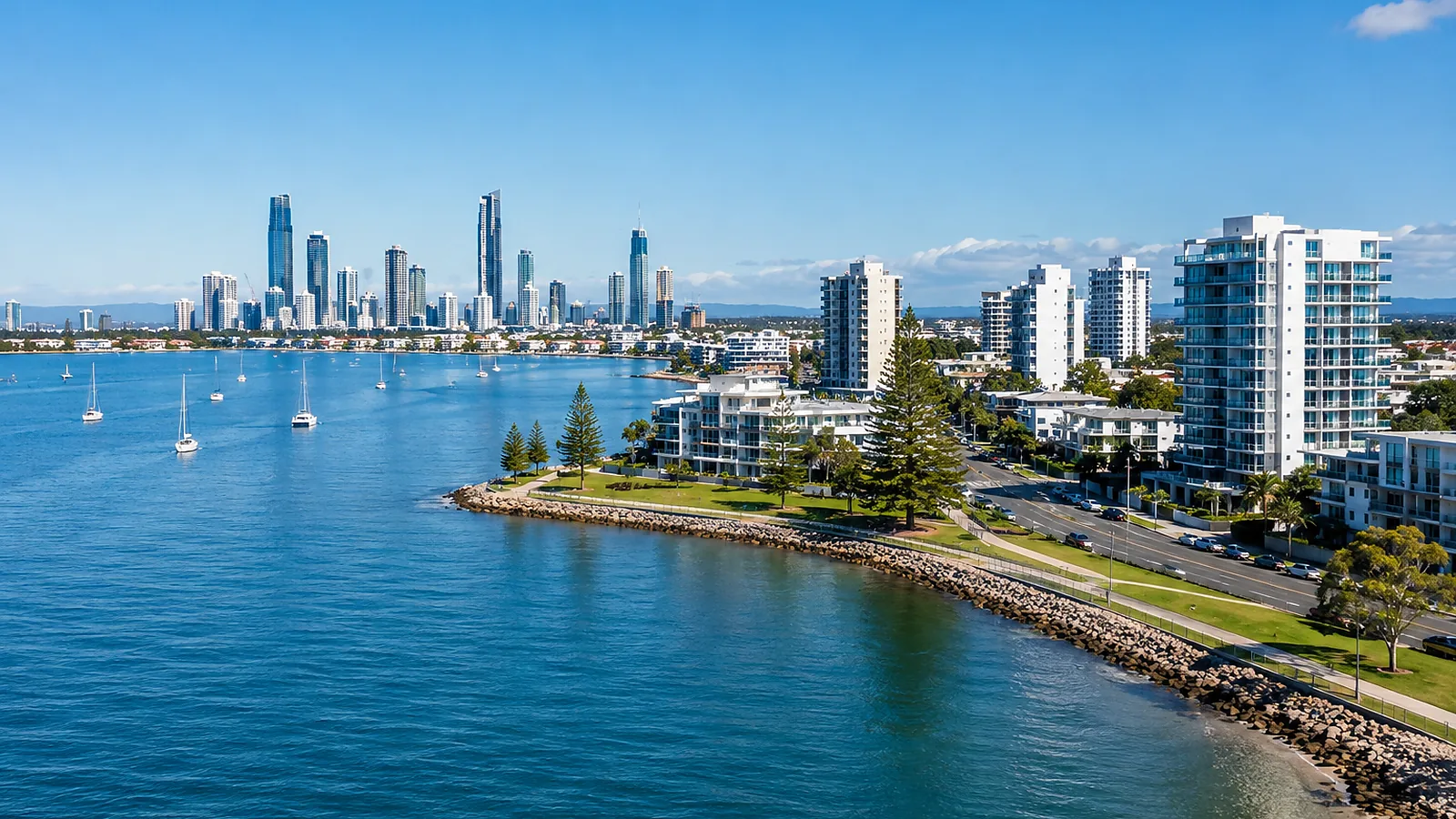Labrador buyers agent aerial view of the Broadwater, foreshore and surrounding Gold Coast skyline
