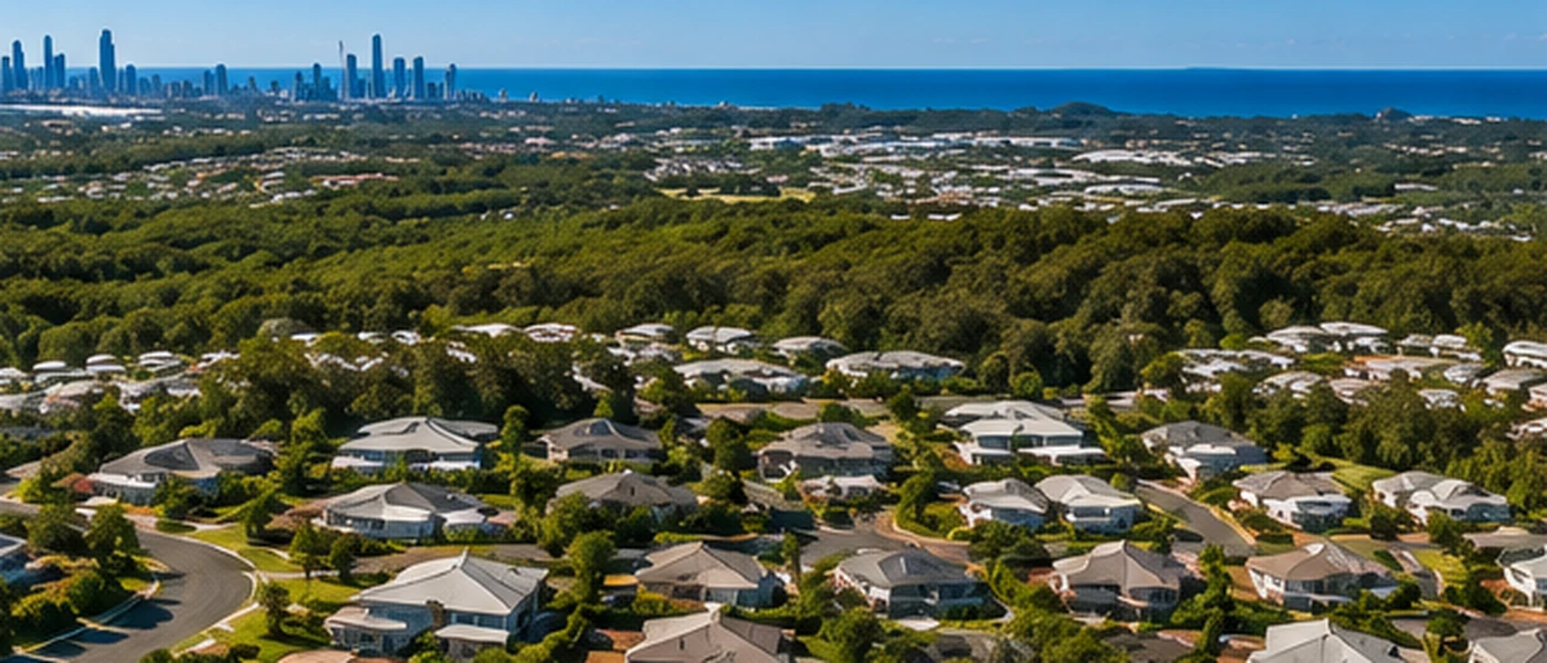 Merrimac Buyers Agent aerial view of established homes, leafy streets and central Gold Coast surroundings