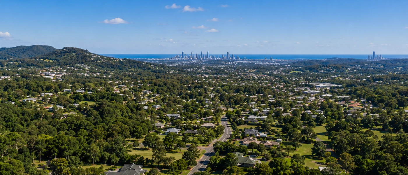 Nerang Buyers Agent aerial view of established homes, leafy streets and western Gold Coast hills