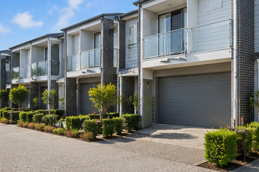 Ormeau Buyers Agent townhouse and villa complex with private garages, shared driveway and landscaped surrounds