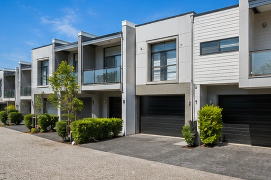 Pimpama Buyers Agent townhouse and villa complex with private garages, shared driveway and landscaped surrounds