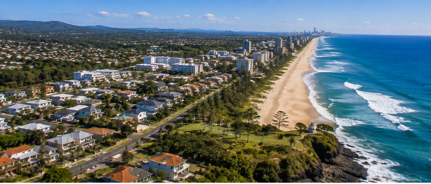 Tugun Buyers Agent aerial view of Tugun Beach, coastal homes and the southern Gold Coast