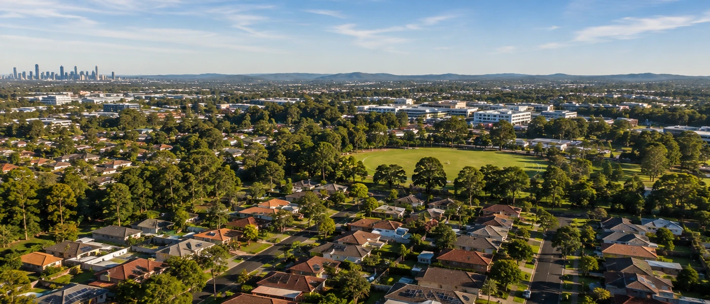Upper Coomera Buyers Agent aerial view of family homes, newer estates and green northern Gold Coast surroundings