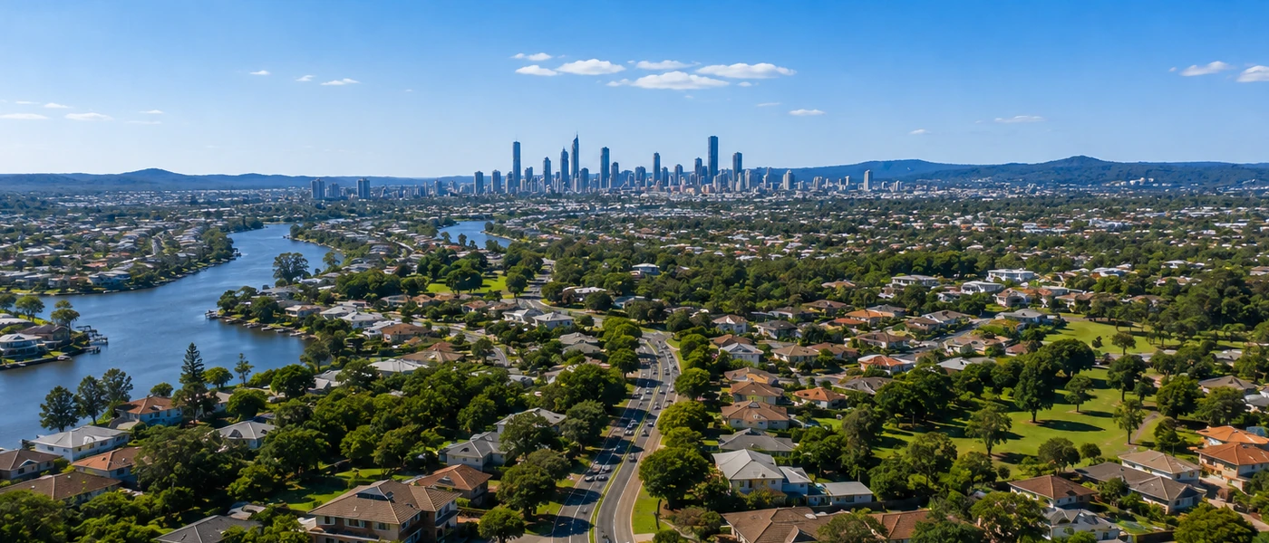 Worongary Buyers Agent aerial view of established homes, leafy streets and western Gold Coast surroundings