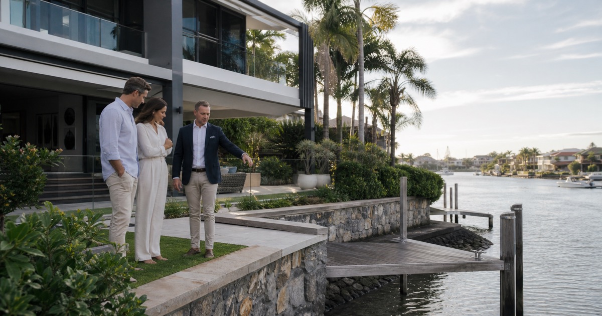 Property adviser helping buyers assess waterfront property Gold Coast seawall and boating access