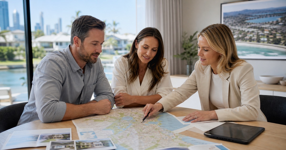 Property adviser helping buyers compare Gold Coast suburbs using a map and property information